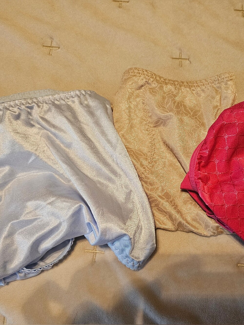 Vintage Women's Satin & Lace Briefs - Light Blue, Beige, Red Pantie